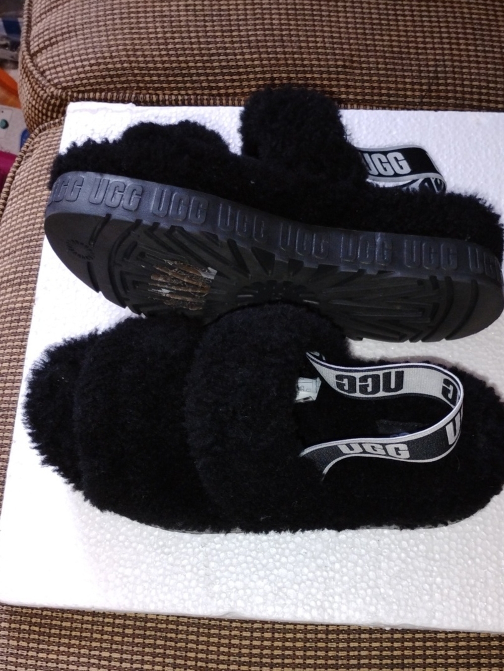 UGG Black Fuzzy Slide Sandals with Branded Strap